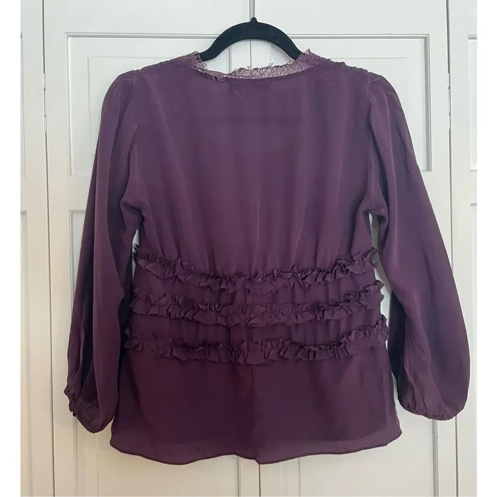 Nanette lepore 100% silk purple ruffled lace trim blouse size 0
